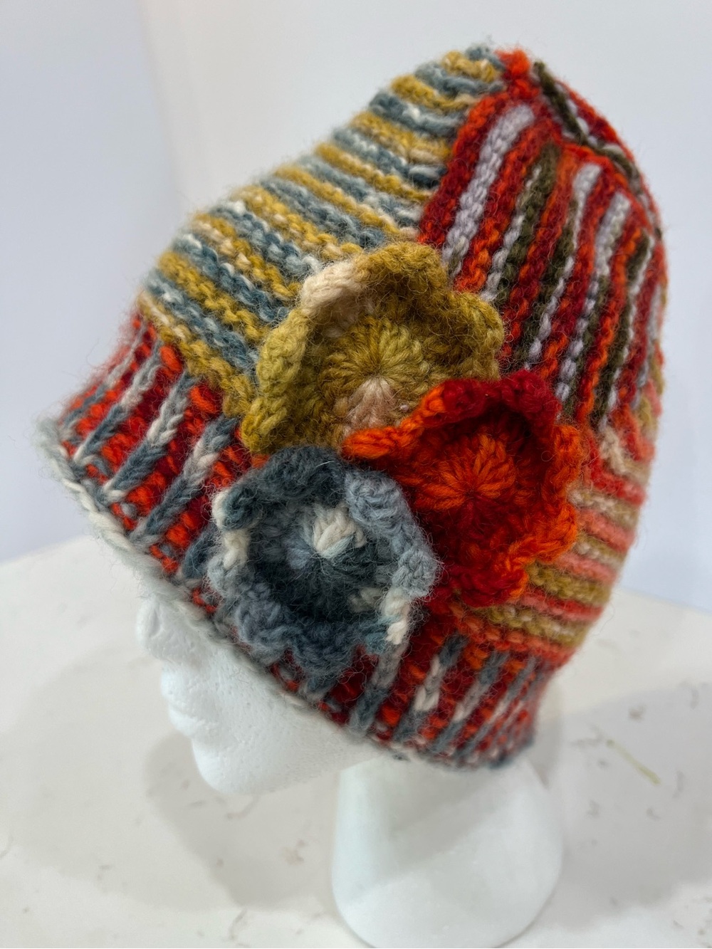 100% Wool Crochet Flower Fleece Lined Multicolor Boho Beanie
